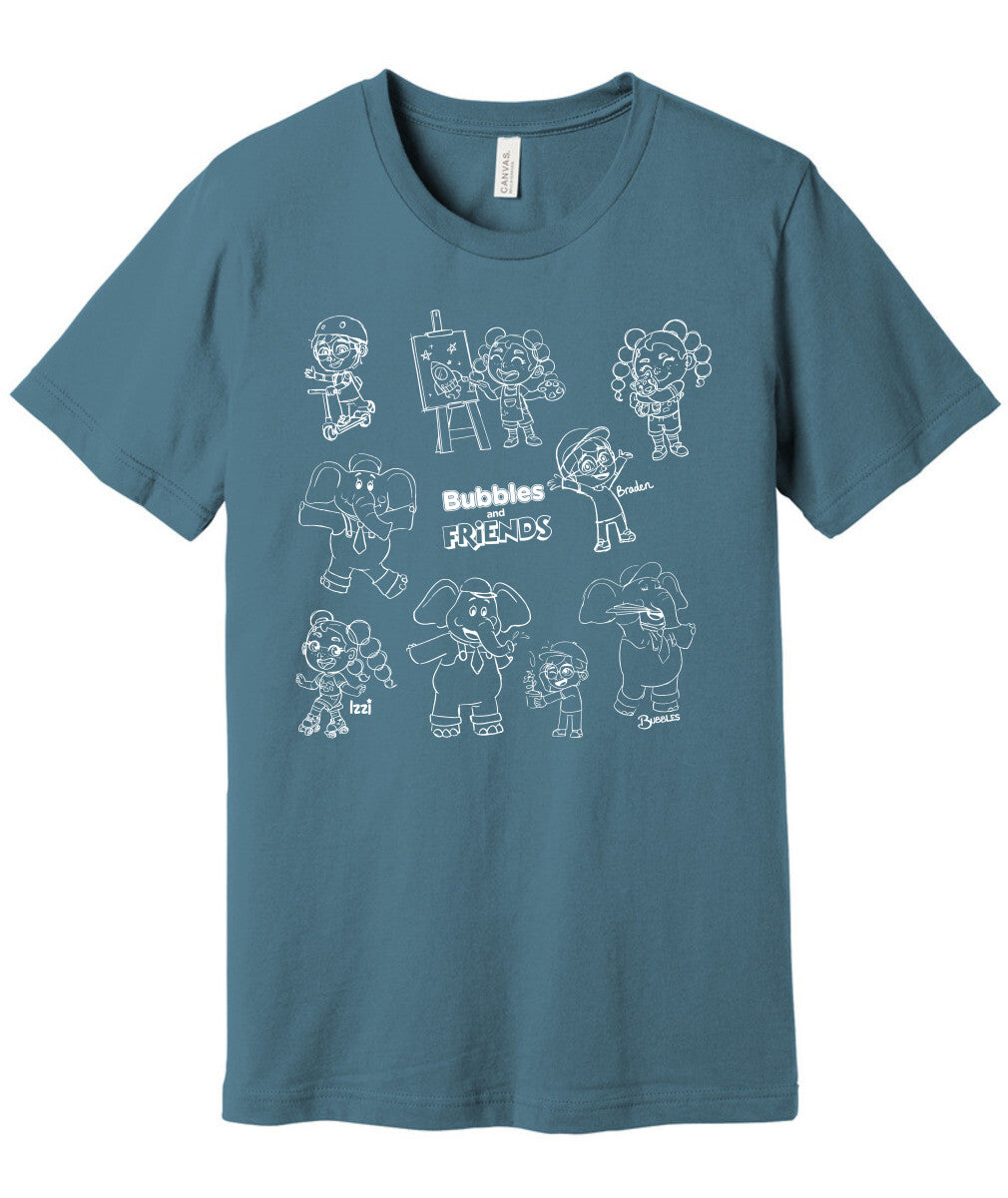 Bubbles and Friends - Happy Doodles (White) Team Adult T-Shirt