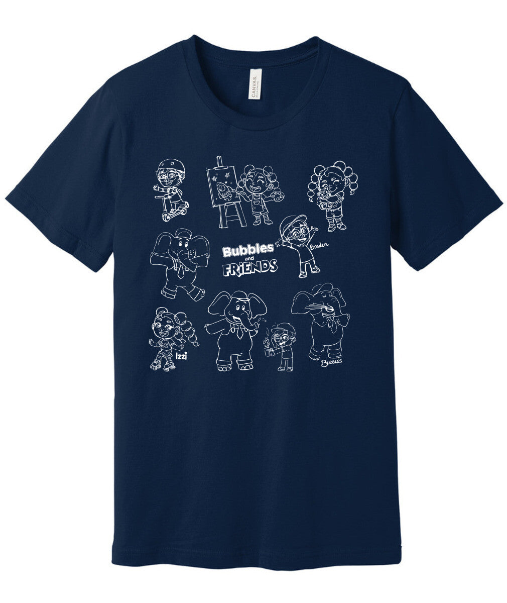 Bubbles and Friends - Happy Doodles (White) Team Adult T-Shirt
