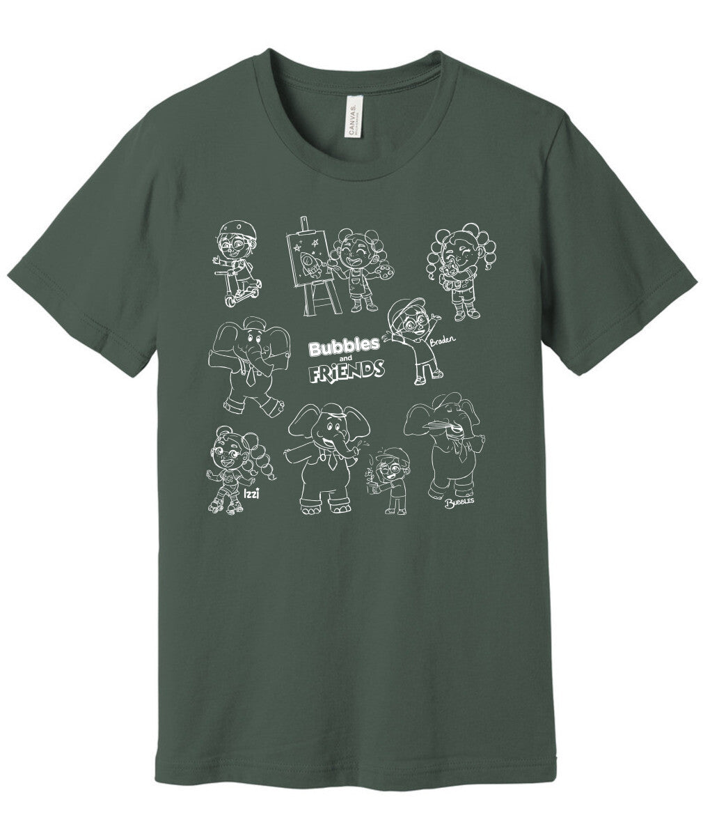 Bubbles and Friends - Happy Doodles (White) Team Adult T-Shirt