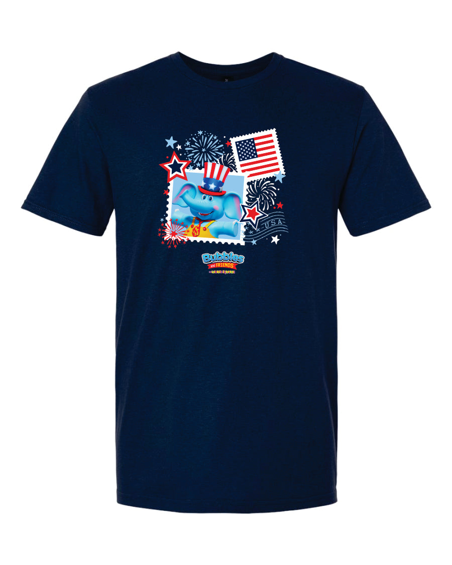 Bubbles w/ hat and fireworks- Bubbles & Friends July 4th USA T-Shirt