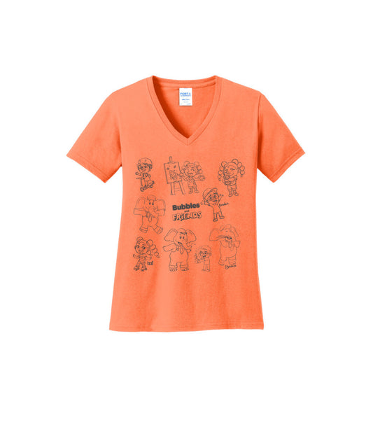 Bubbles and Friends - Happy Doodles Team Ladies V-Neck T-Shirt