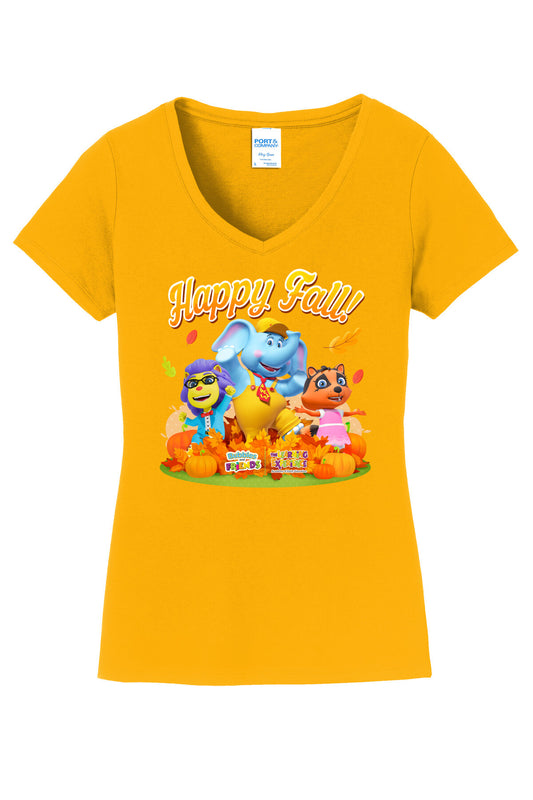Bubbles & Friends Happy Fall Women's V-Nick T-shirt