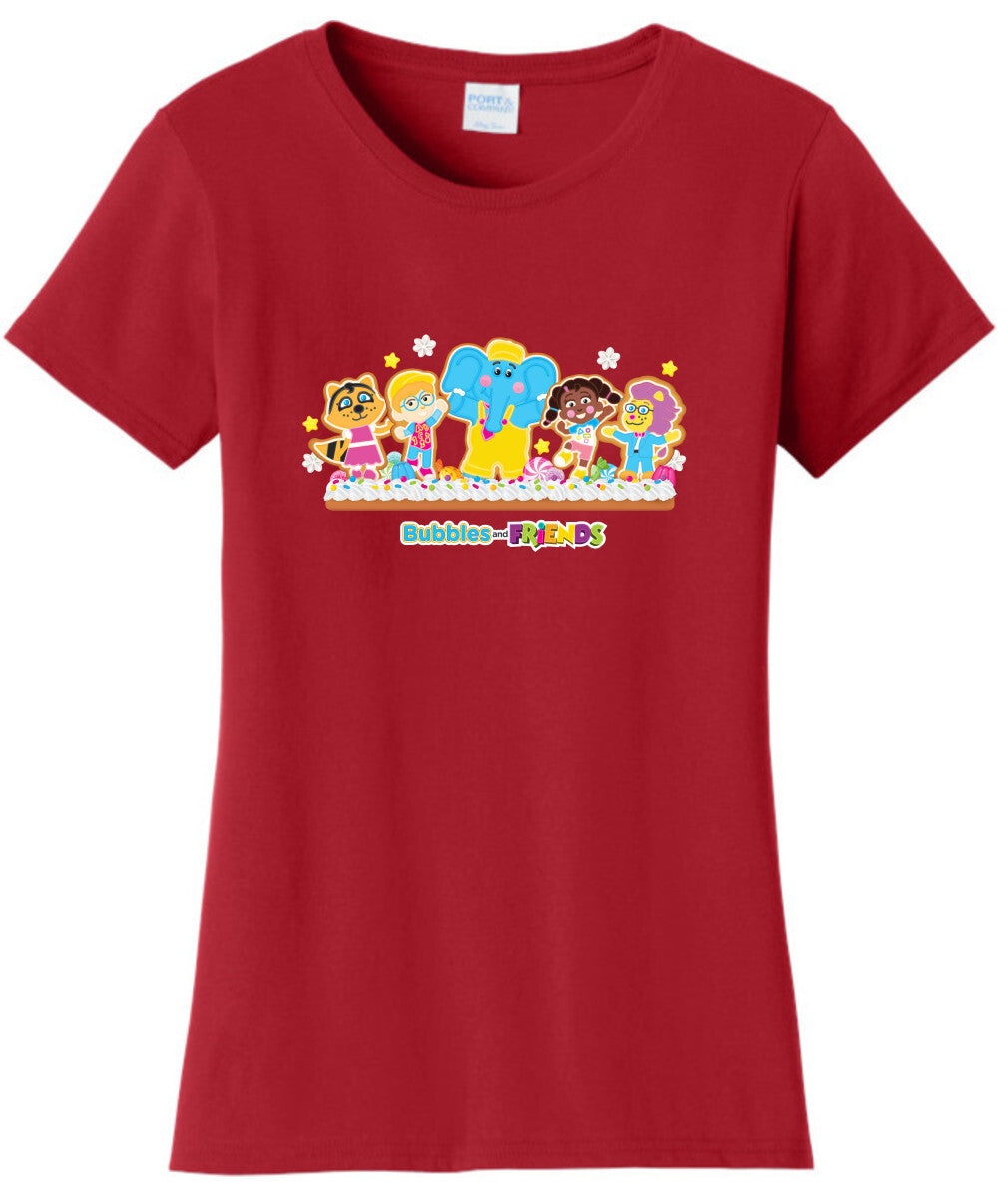 Bubbles & Friends Womens Holiday T-Shirt- Gingerbread Friends