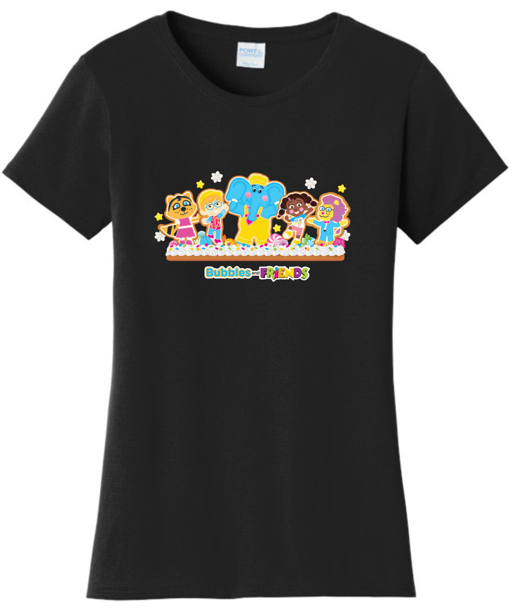 Bubbles & Friends Womens Holiday T-Shirt- Gingerbread Friends