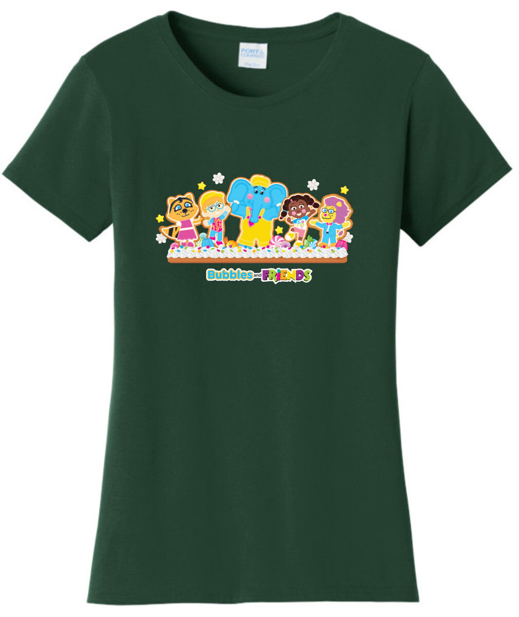 Bubbles & Friends Womens Holiday T-Shirt- Gingerbread Friends