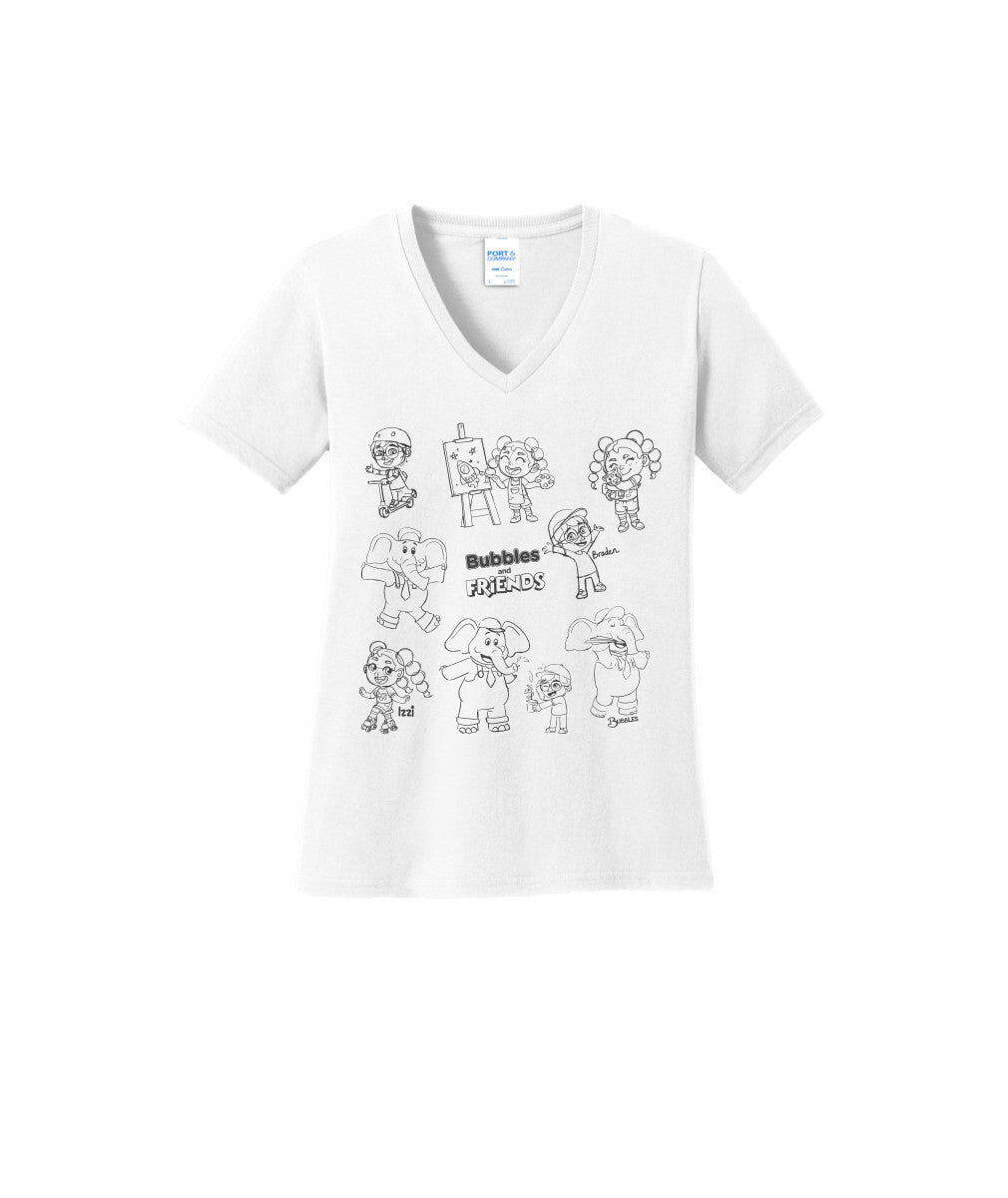 Bubbles and Friends - Happy Doodles Team Ladies V-Neck T-Shirt