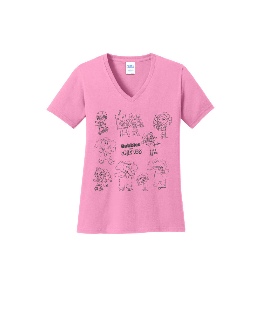 Bubbles and Friends - Happy Doodles Team Ladies V-Neck T-Shirt