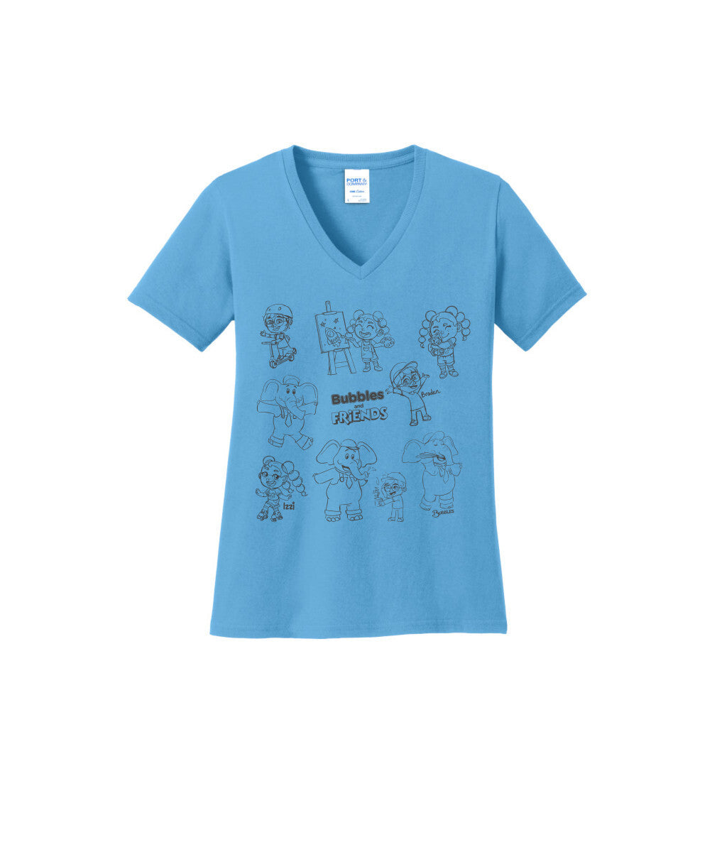 Bubbles and Friends - Happy Doodles Team Ladies V-Neck T-Shirt