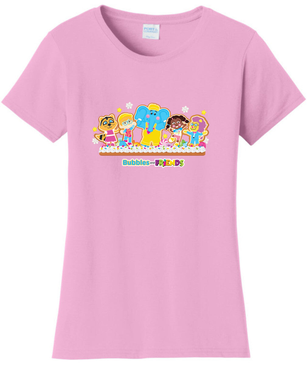 Bubbles & Friends Womens Holiday T-Shirt- Gingerbread Friends